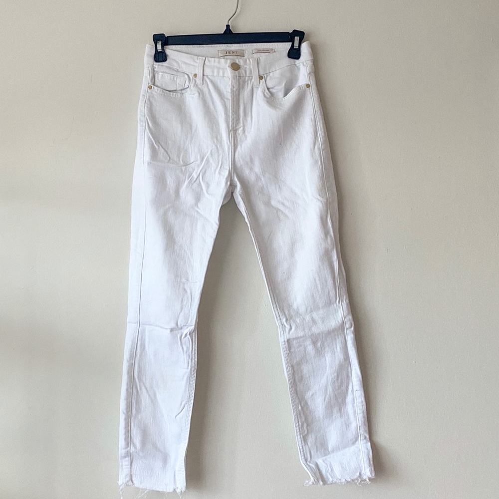 Jen7 skinny jeans, high rise, ankle length, white, released hem, size 0